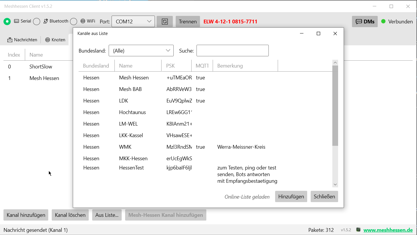 Meshhessen Client – Meshtastic Kanal-Liste unter Windows