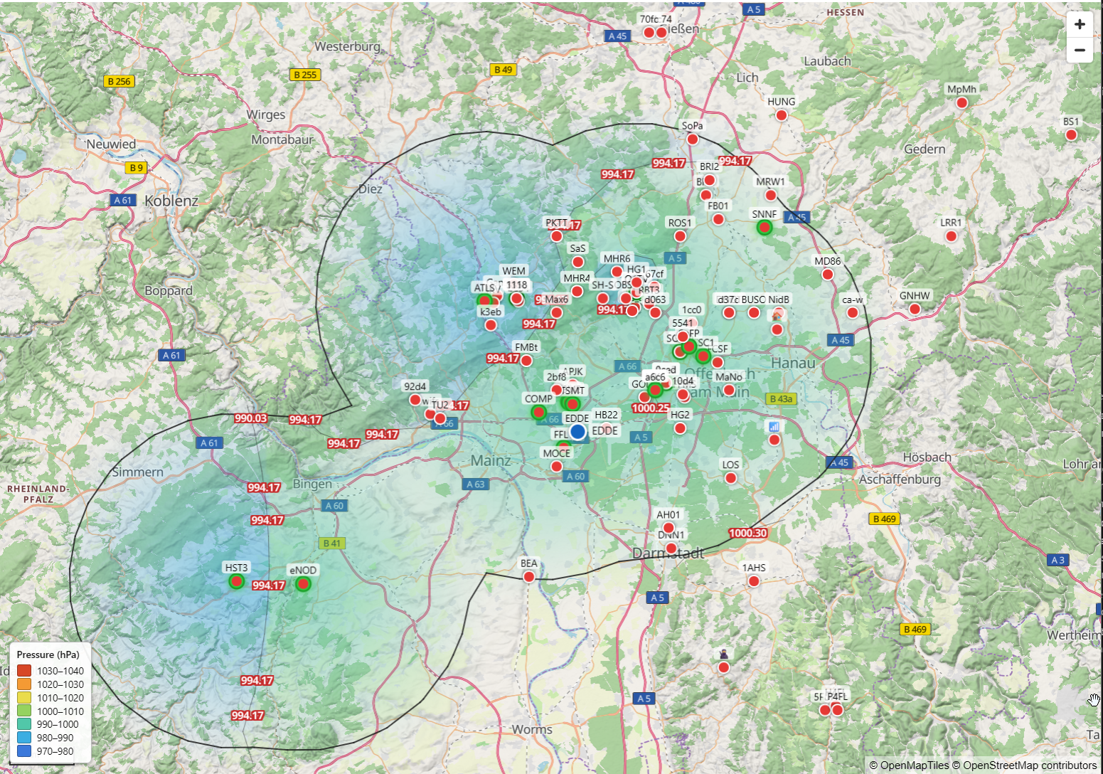 Meshhessen Client – barometric pressure heatmap overlay on the Meshtastic map