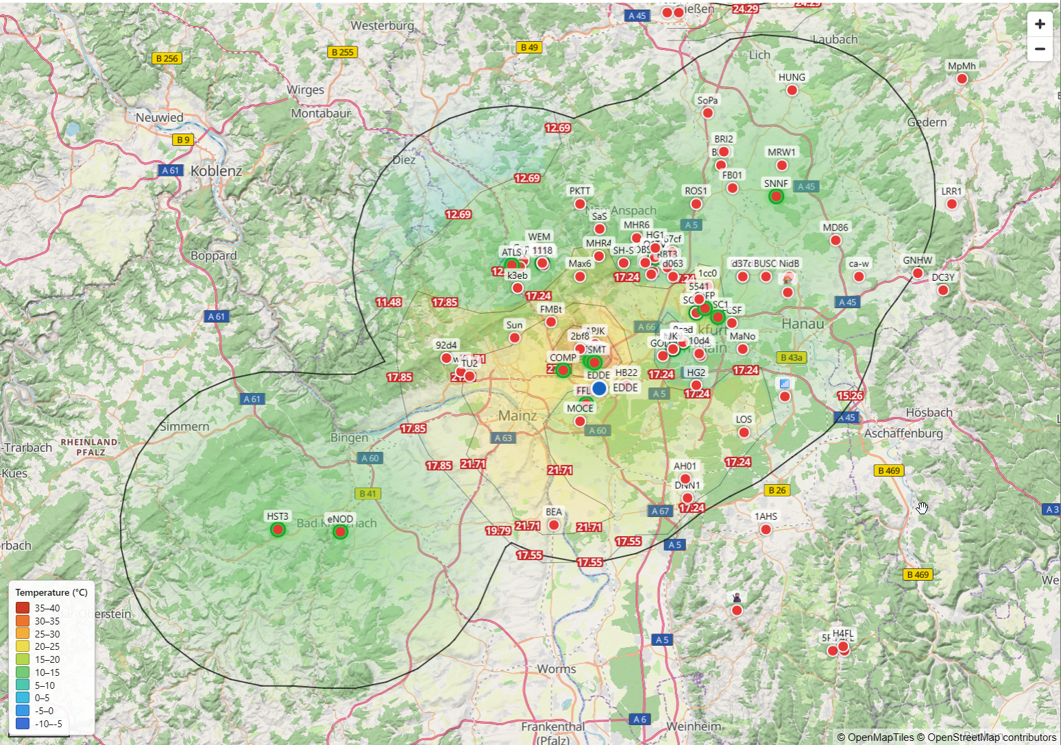 Meshhessen Client – temperature heatmap overlay with isotherms on the Meshtastic map