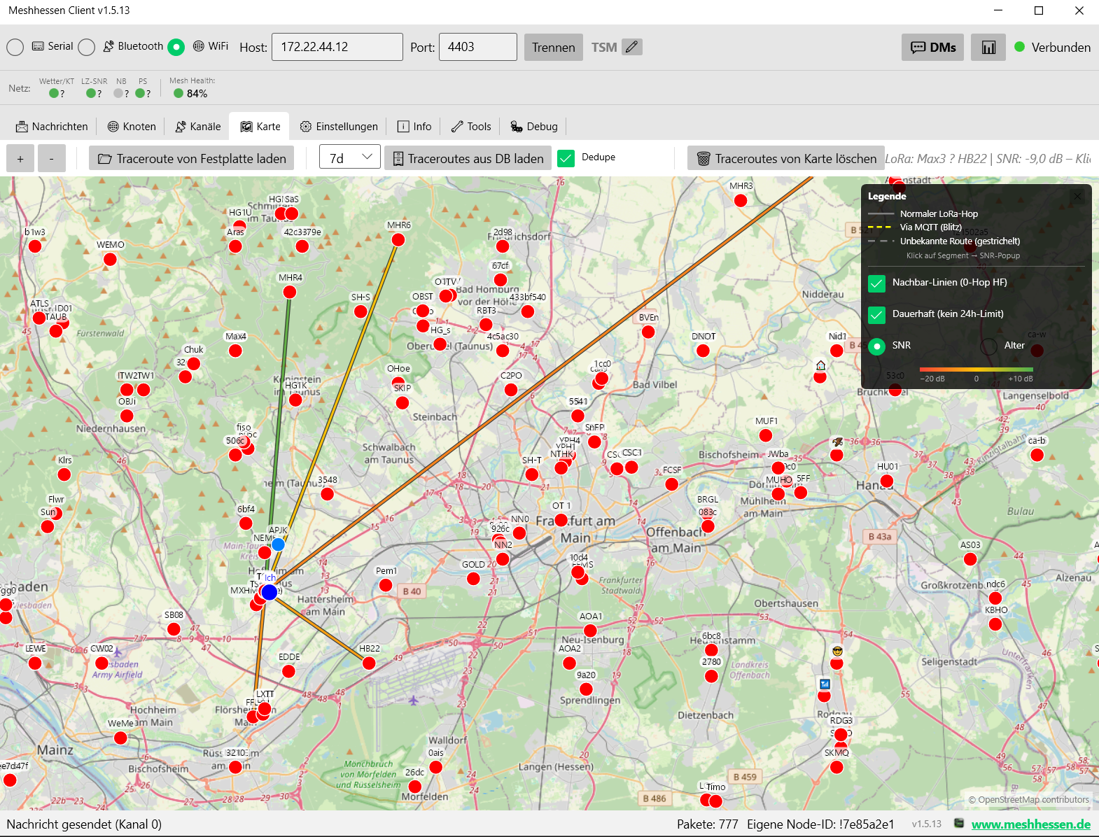 Meshhessen Client – direct Meshtastic neighbors as colored lines on the map (0-hop RF, SNR gradient)