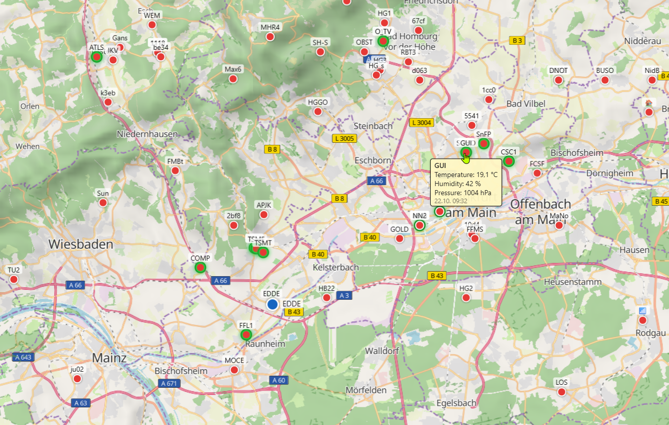 Meshhessen Client – mouse-over value boxes of the environment overlay at the Meshtastic nodes