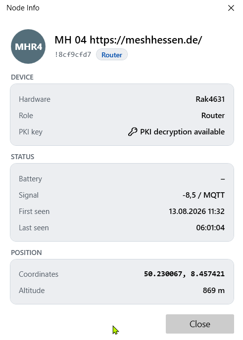 Meshhessen Client – node info window with role, battery, signal, first/last seen