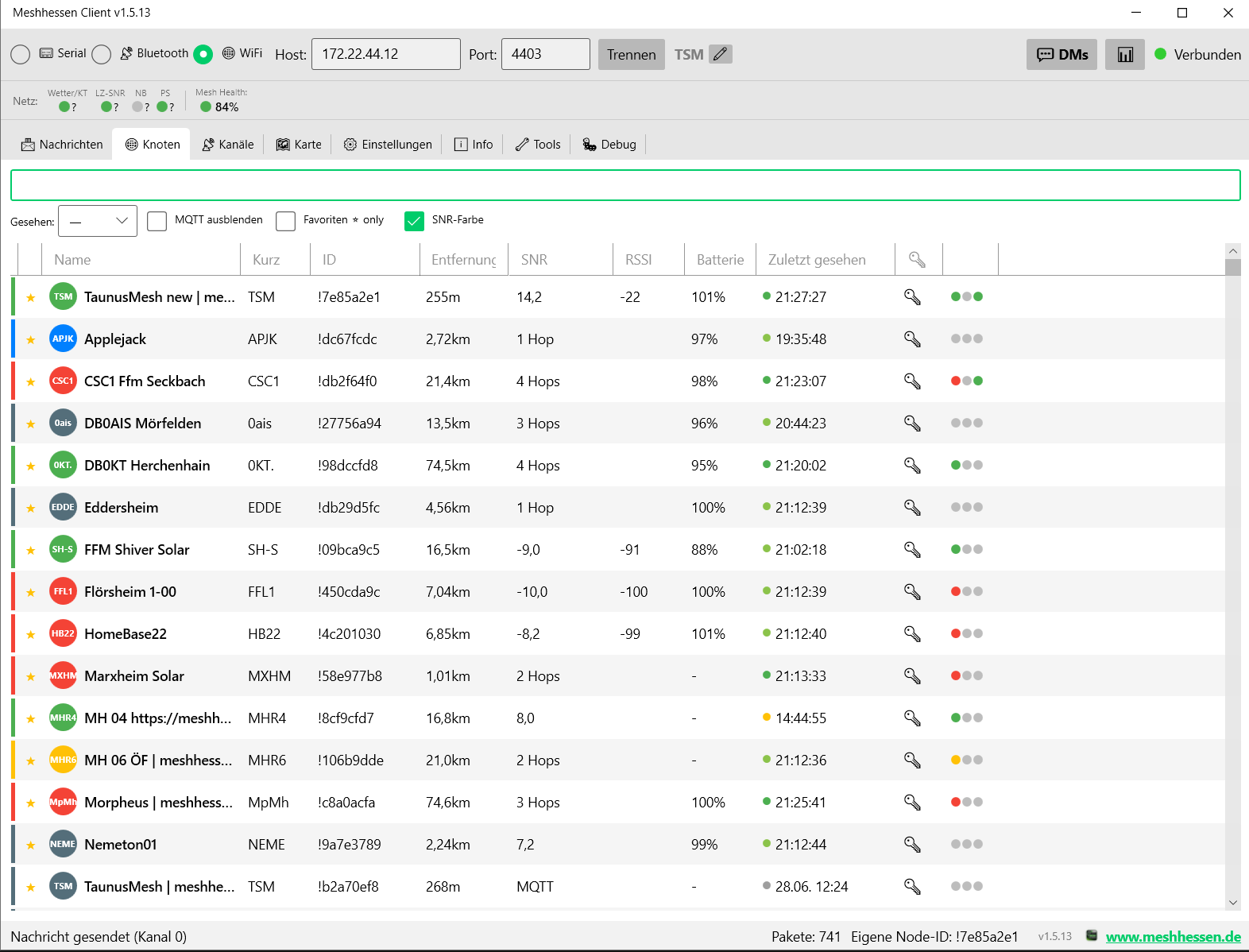 Meshhessen Client – node overview as a table with avatar, SNR, RSSI, battery and signal LEDs