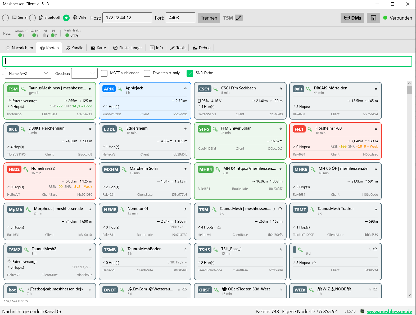 Meshhessen Client – node tile view (Fancy View) with telemetry, battery and signal quality per node