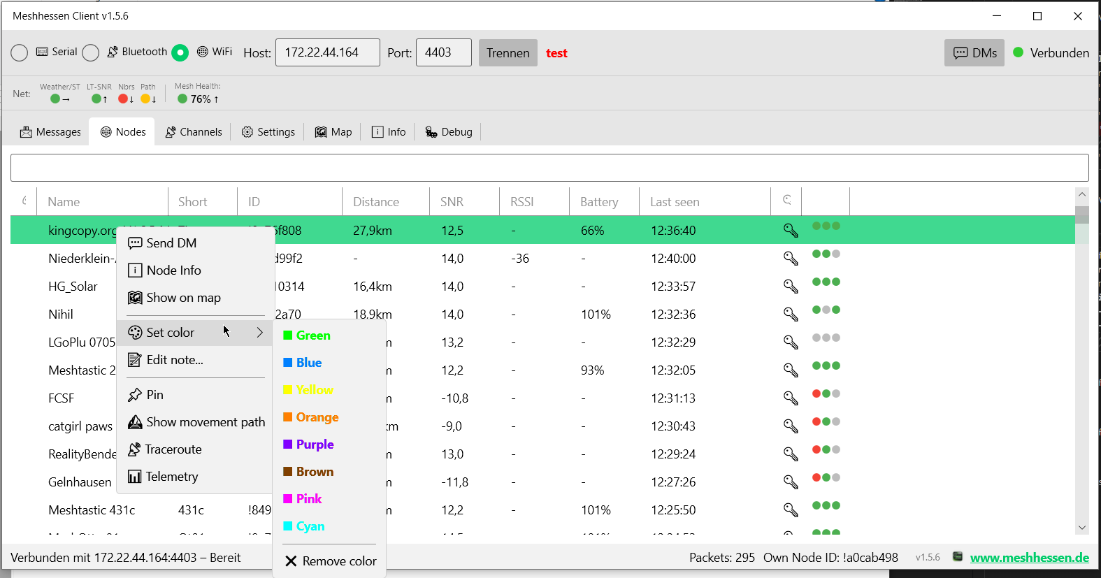 Meshhessen Client – Node-Übersicht mit SNR, RSSI und Batterie für Meshtastic-Geräte