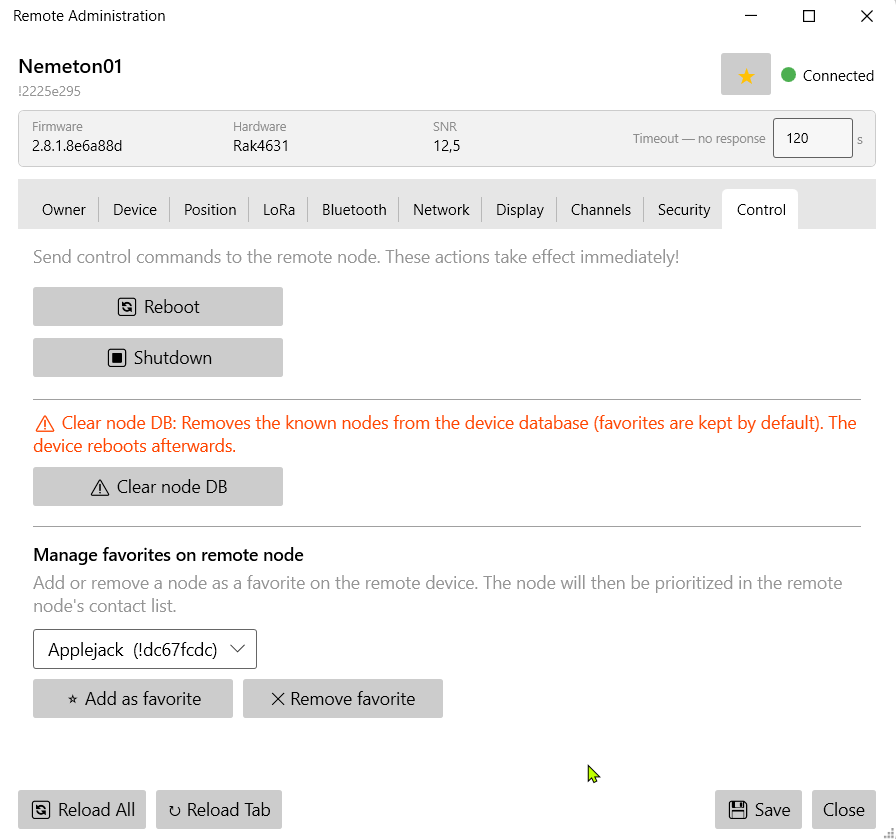 Meshhessen Client – set a favorite node remotely on the remote Meshtastic device