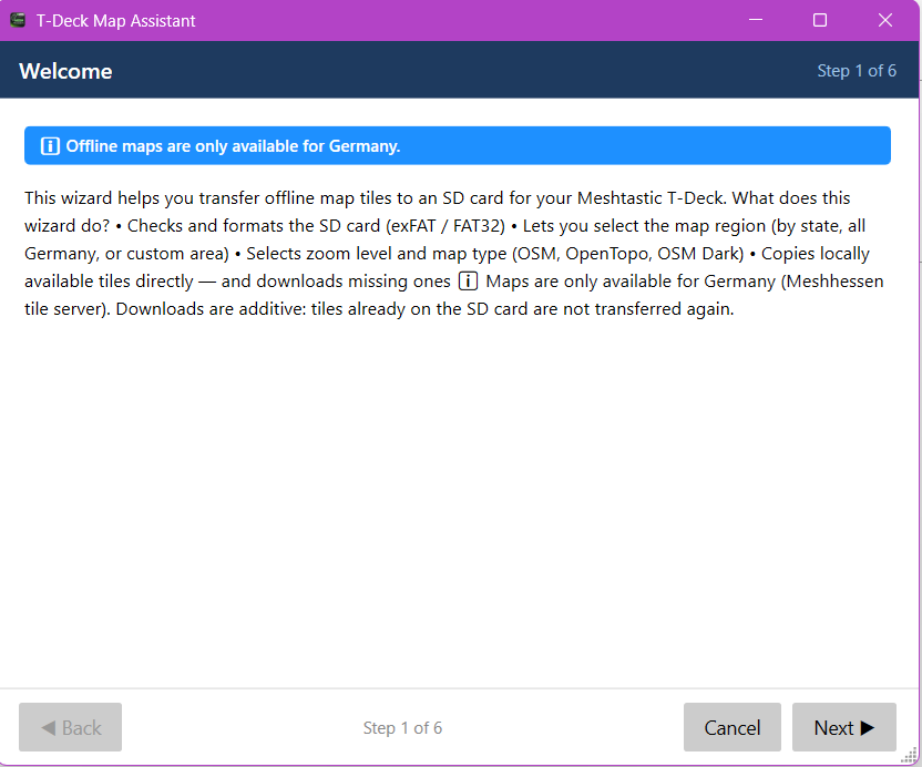 Meshhessen Client – T-Deck map assistant step 1: welcome
