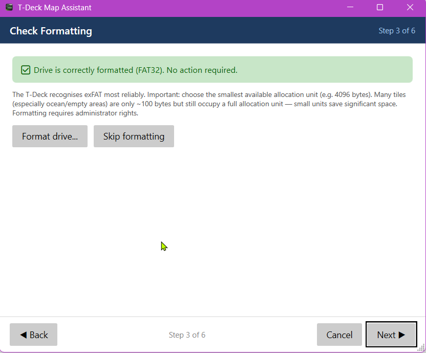 Meshhessen Client – T-Deck map assistant step 3: formatting (exFAT 4096)