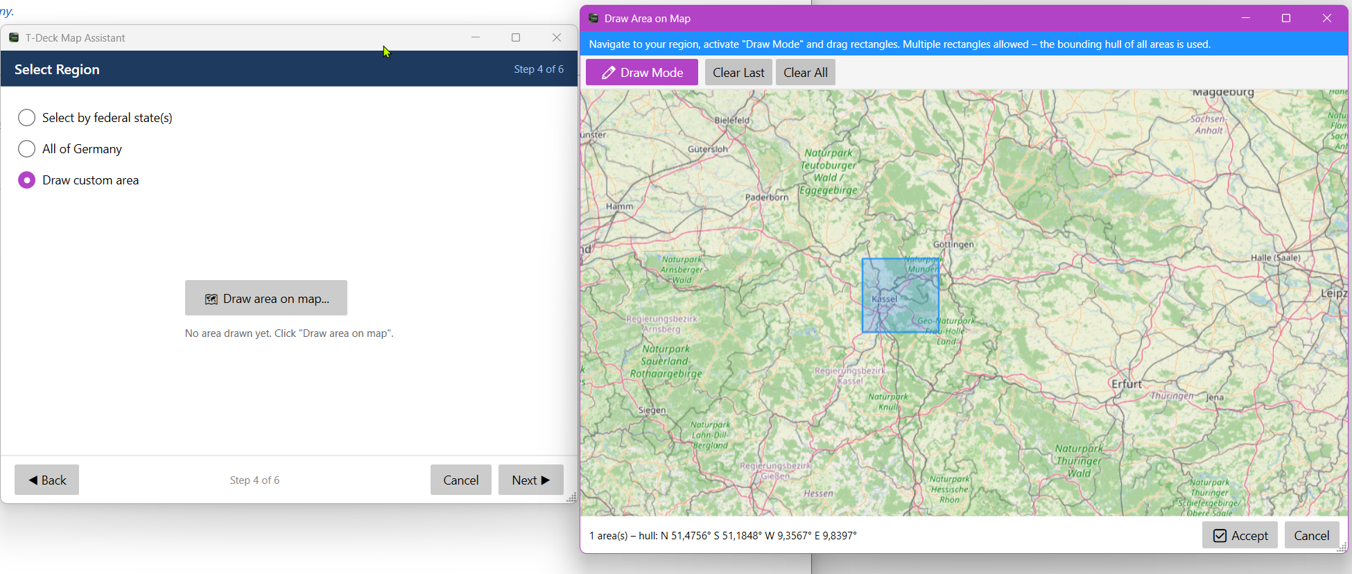 Meshhessen Client – T-Deck map assistant step 4: select map area on an interactive map