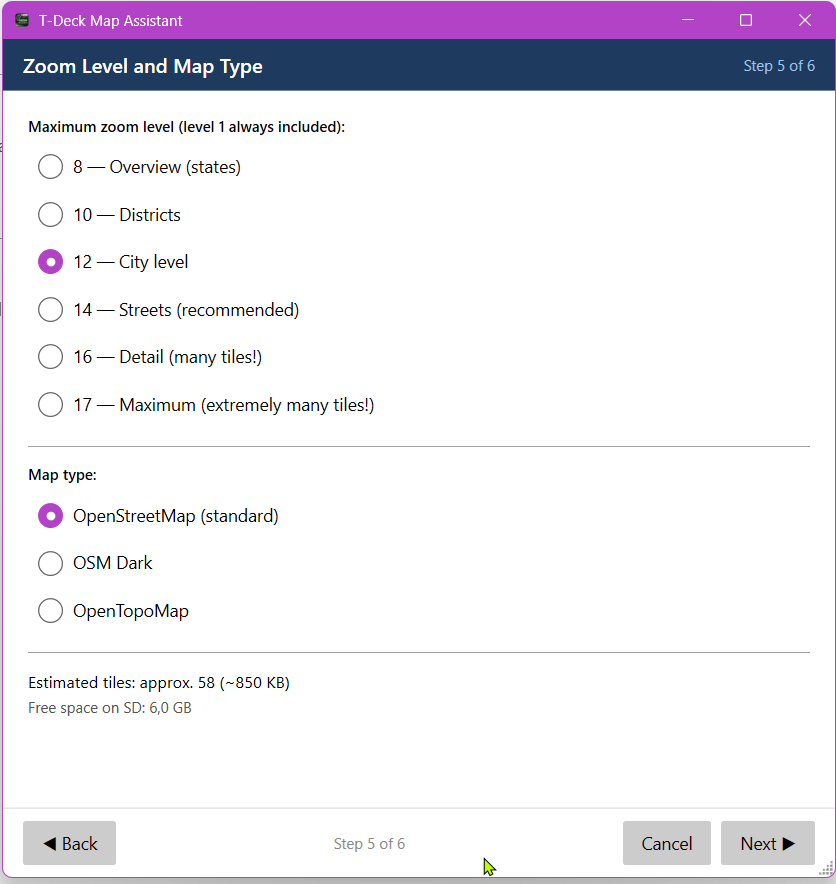 Meshhessen Client – T-Deck map assistant step 5: zoom and map style