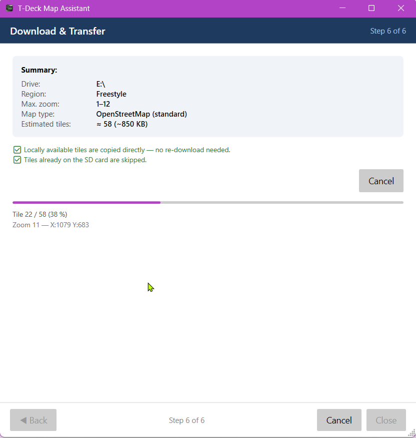 Meshhessen Client – T-Deck map assistant step 6: tiles being transferred to the SD card