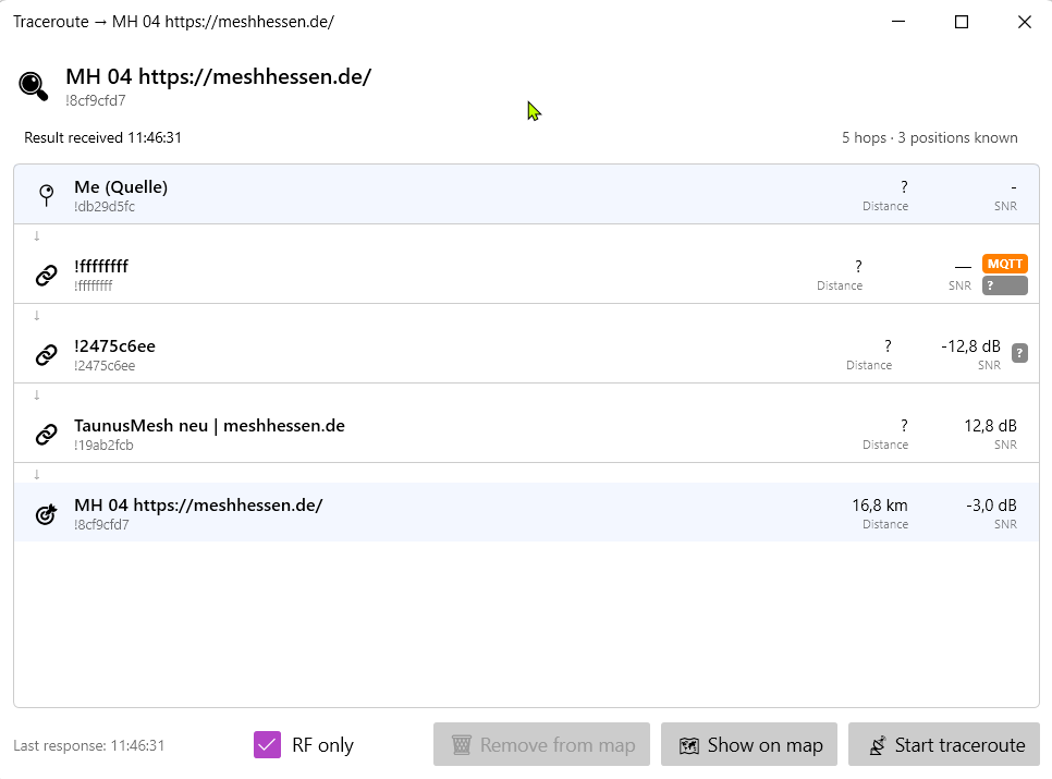Meshhessen Client – traceroute with hop table, RF-only mode and honest per-segment MQTT labeling