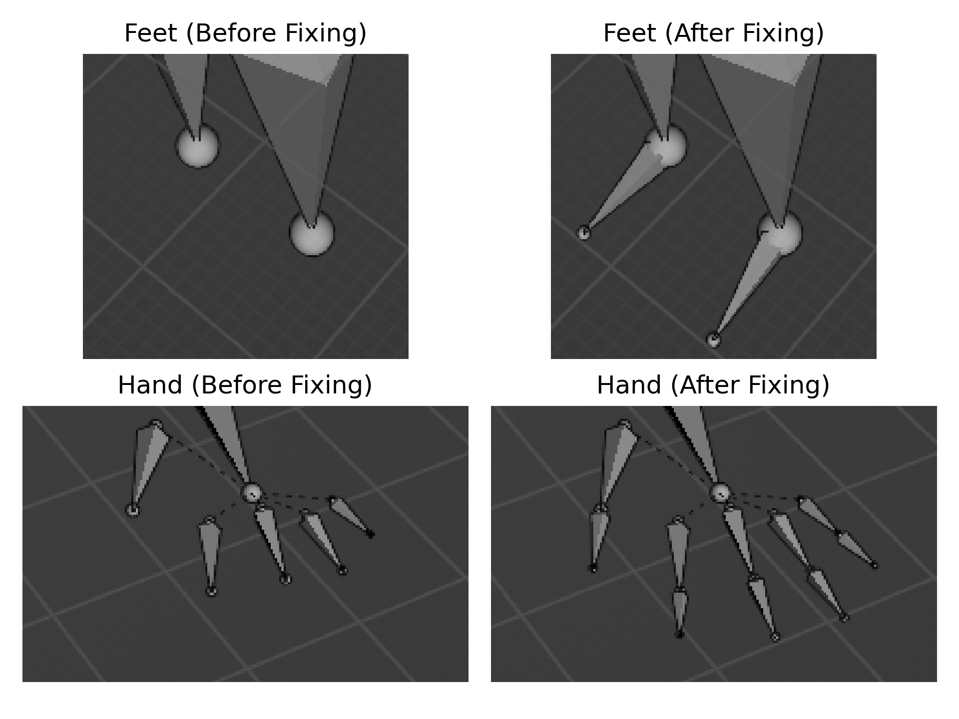 Hand and feet of the character before and after fixing the offset problem.