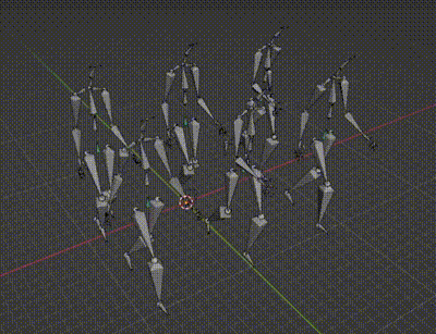 Result of the crowd simulation showing 6 different characters walking.