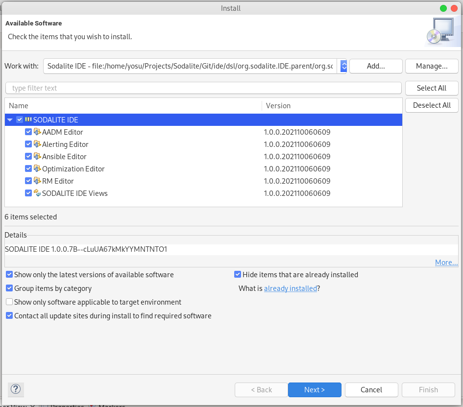 Dialog to select the SODALITE features to install