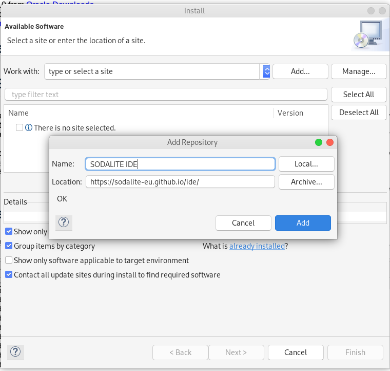 Dialog to add the SODALITE repository