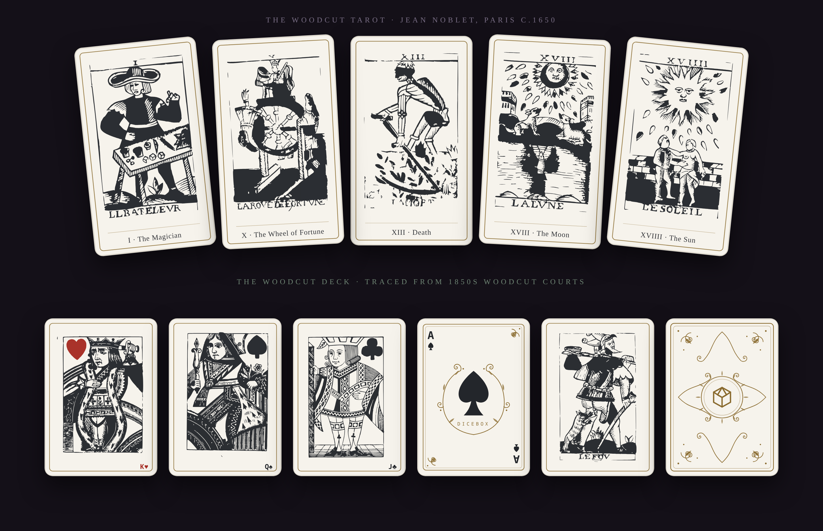The Woodcut Tarot and the Woodcut playing-card deck — trumps, courts, an ace, a joker and the card back, all traced from antique woodcuts
