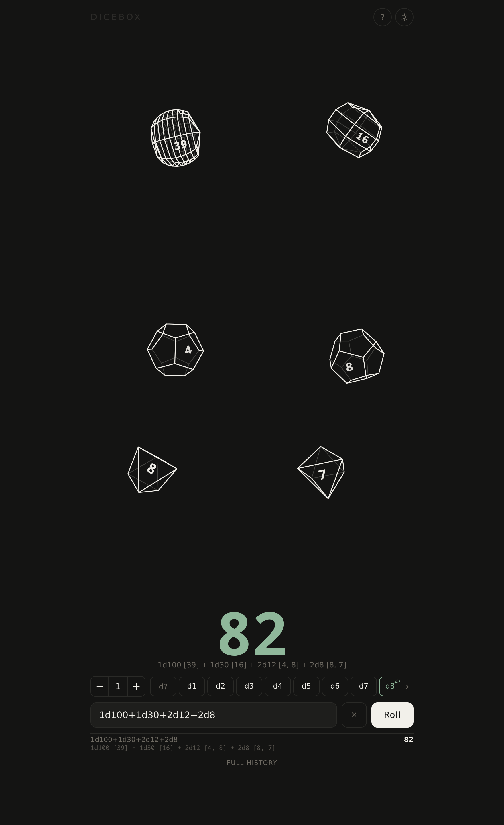 A mixed handful of d100, d30, d12 and d8 in dark mode