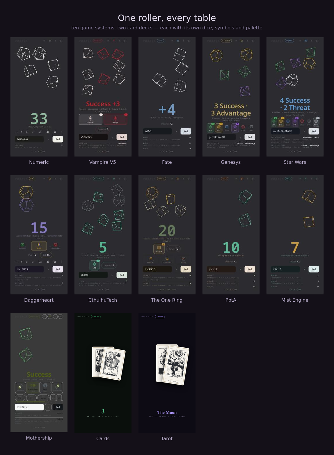 A selection of Dicebox modes, each with its own dice, controls and colour palette