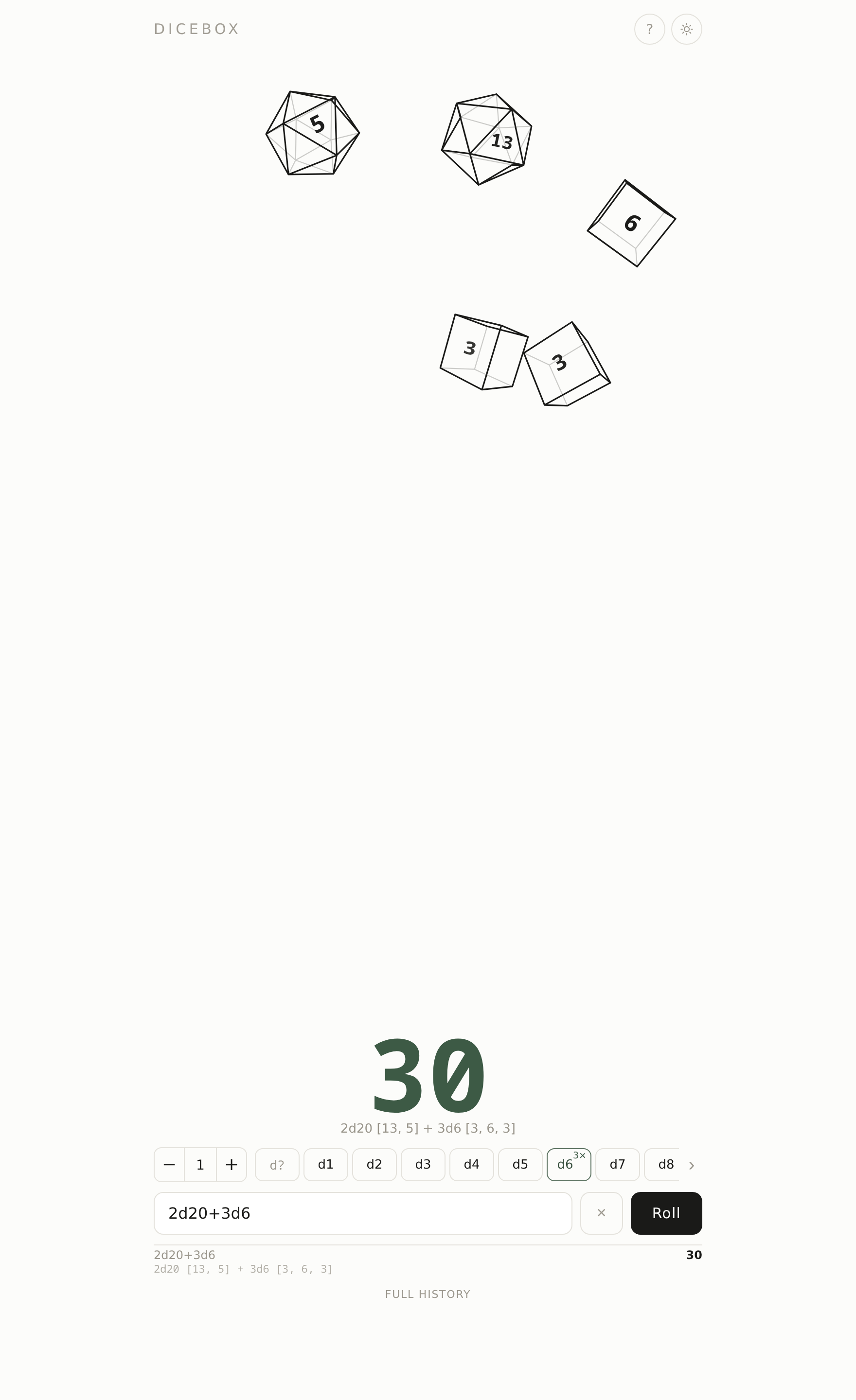 Rolling 2d20+3d6, with the total and each die's result