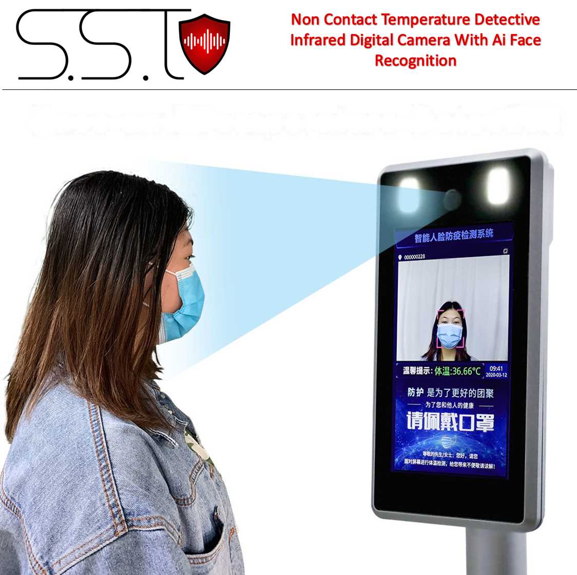 Non Contact Temperature Detective Infrared Digital Camera With Ai Face Recognition For Sale, Sound And Safety Technologies, SST , S&ST , SSTechnologies Sri Lanka.