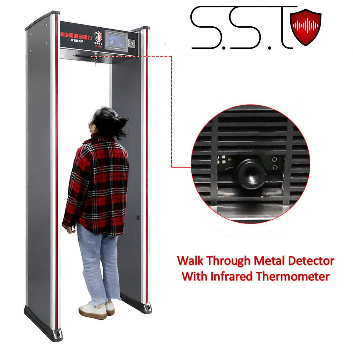 Walk Through Metal Detector With Infrared Thermometer For Sale, Sound And Safety Technologies, SST , S&ST , SSTechnologies Sri Lanka.