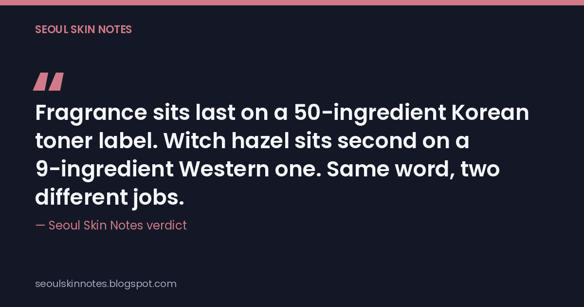 Fragrance sits last on a 50-ingredient Korean toner label. Witch hazel sits second on a 9-ingredient Western one. Same word, two different jobs.
