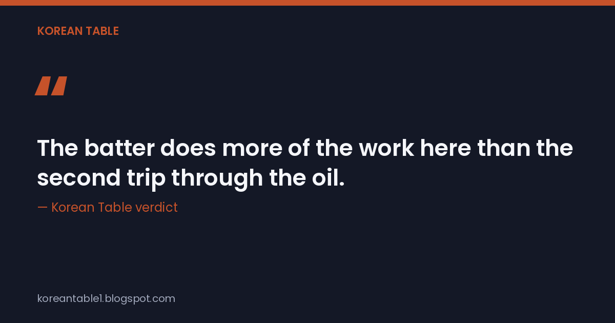 Quote card: "The batter does more of the work here than the second trip through the oil." — Korean Table verdict.
