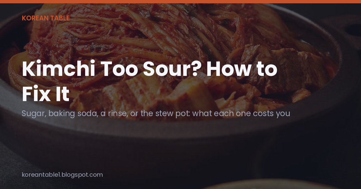 Opening card over a photo of aged kimchi braised with pork belly in a clay pot, reading "Kimchi Too Sour? How to Fix It"