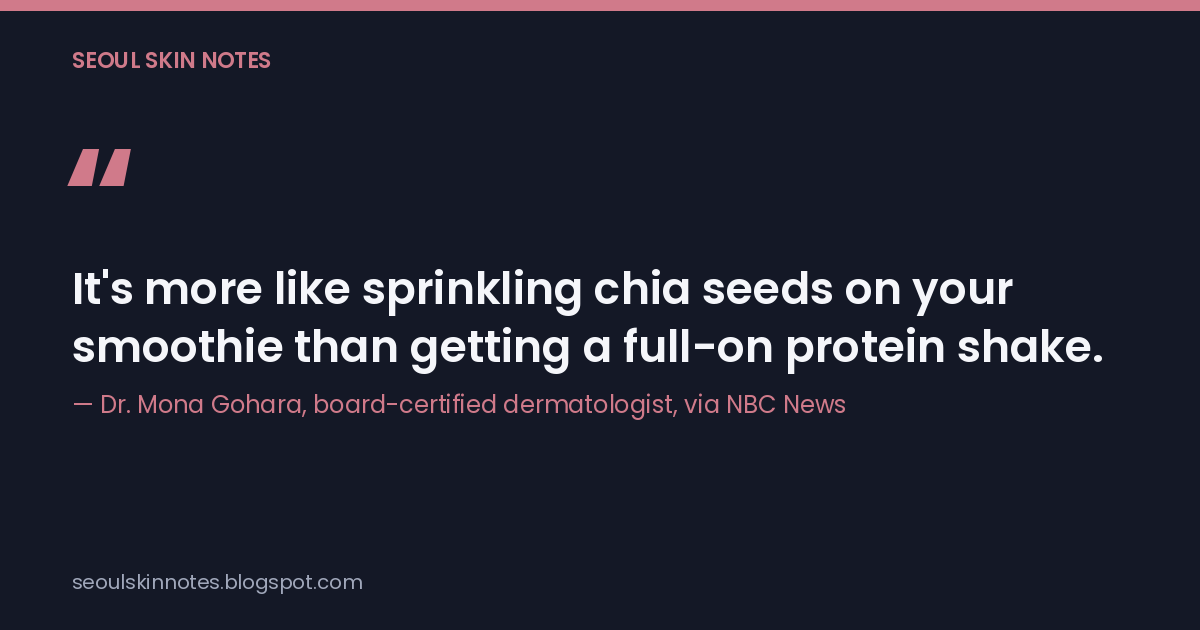 Quote card: "It's more like sprinkling chia seeds on your smoothie than getting a full-on protein shake," attributed to Dr. Mona Gohara via NBC News.