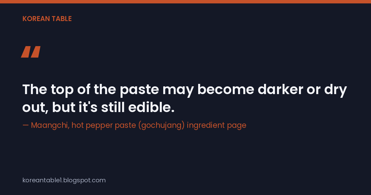 Quote card reading "The top of the paste may become darker or dry out, but it's still edible," credited to Maangchi's gochujang ingredient page