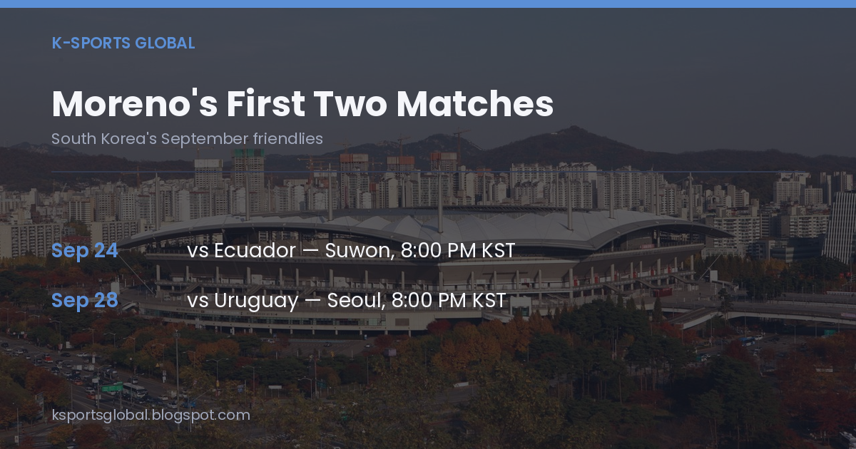 Opening card listing the confirmed September kickoff dates and venues for Moreno's first two matches