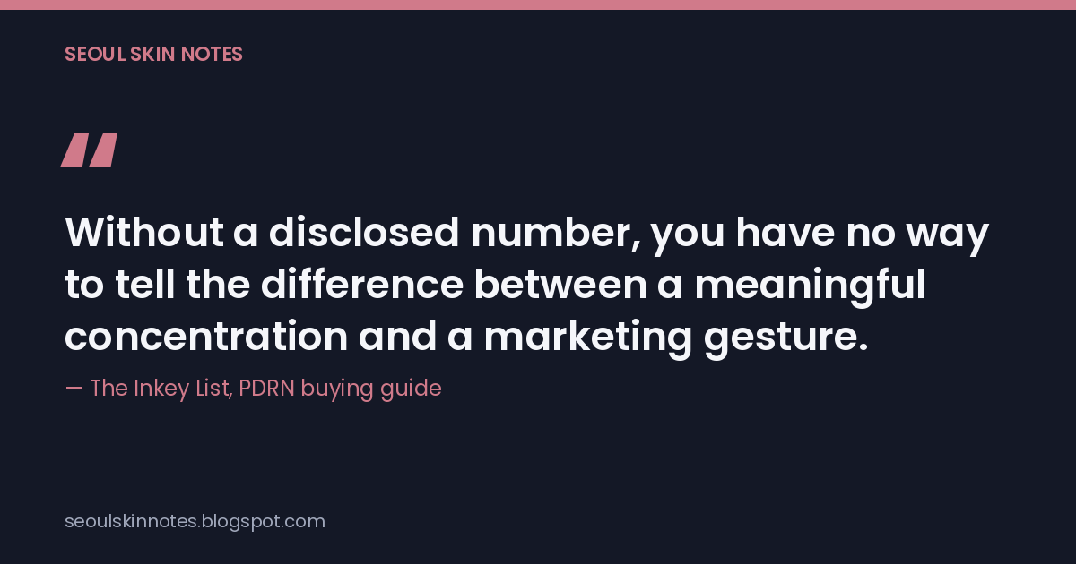 PDRN buying-guide quote card: 'Without a disclosed number, you have no way to tell the difference between a meaningful concentration and a marketing gesture' — The Inkey List