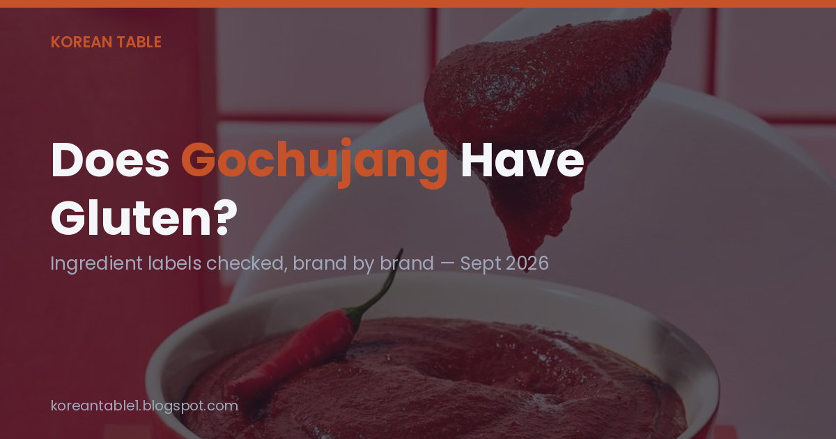 Opening card over a photo of a spoonful of gochujang lifted from a red bowl, reading "Does Gochujang Have Gluten?"