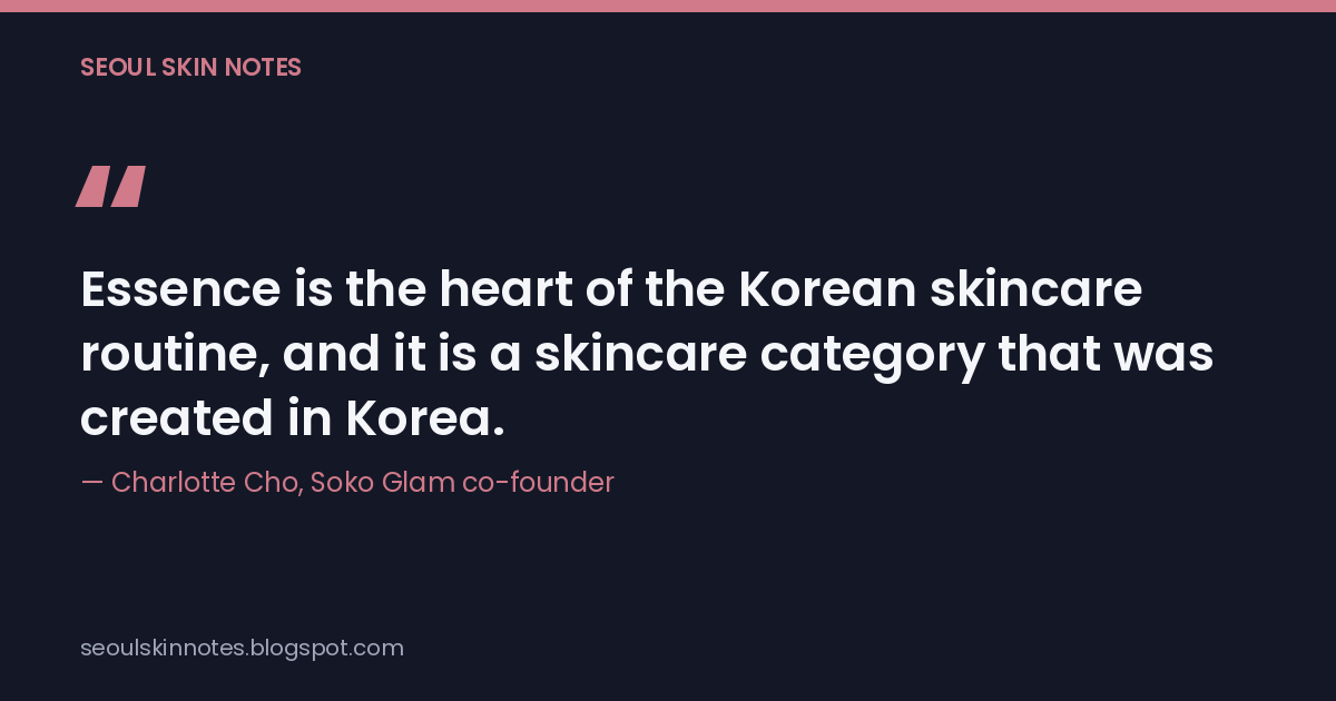 Toner vs Essence vs Serum vs Ampoule quote card, with Charlotte Cho's line that essence is a category Korea created.