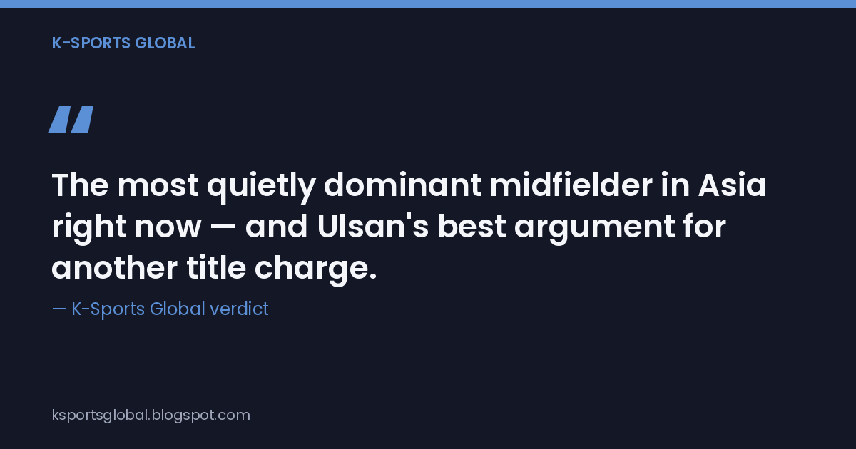 Card quoting the verdict: "The most quietly dominant midfielder in Asia right now — and Ulsan's best argument for another title charge," attributed to K-Sports Global.