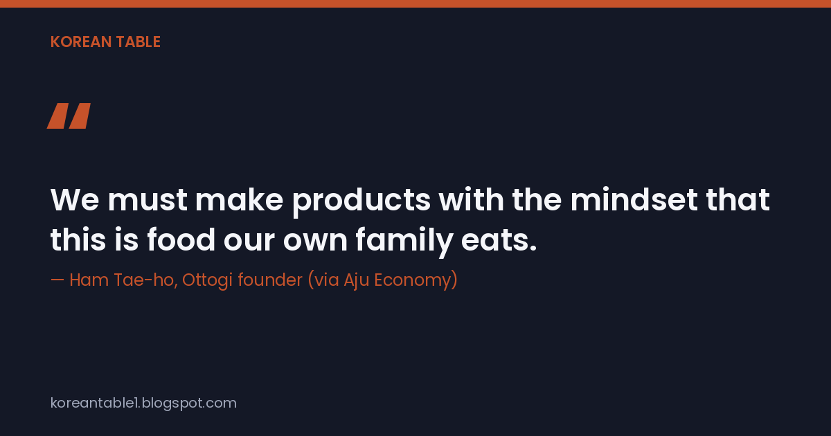 Quote card: 'We must make products with the mindset that this is food our own family eats.' Ham Tae-ho, Ottogi founder, as quoted by Aju Economy.