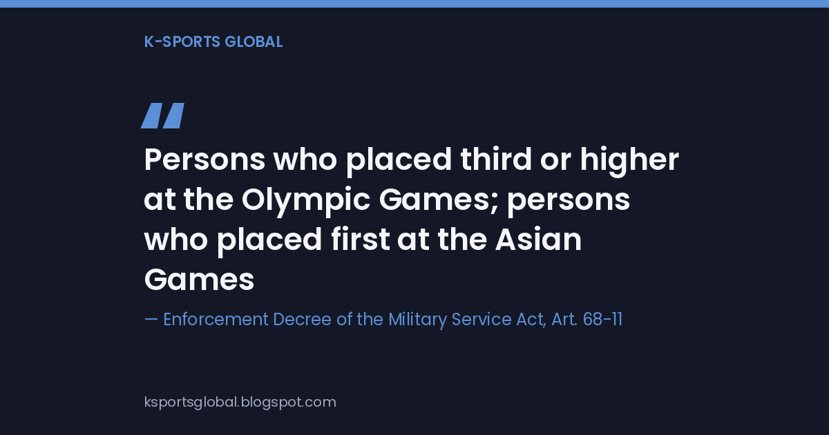 Quote card citing the Enforcement Decree of the Military Service Act, Article 68-11: persons who placed third or higher at the Olympic Games, persons who placed first at the Asian Games