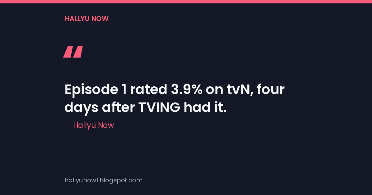 Quote card reading: Episode 1 rated 3.9% on tvN, four days after TVING had it.