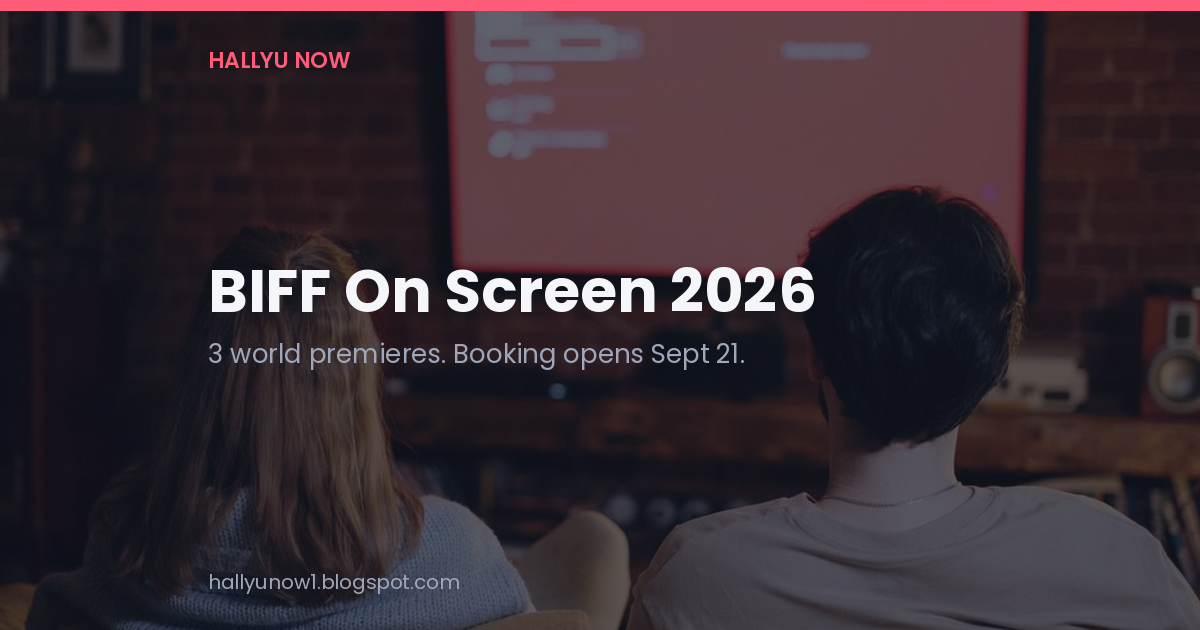 Two people seen from behind on a sofa watching a streaming menu on a TV, under the card title BIFF On Screen 2026 and the line 3 world premieres, booking opens Sept 21