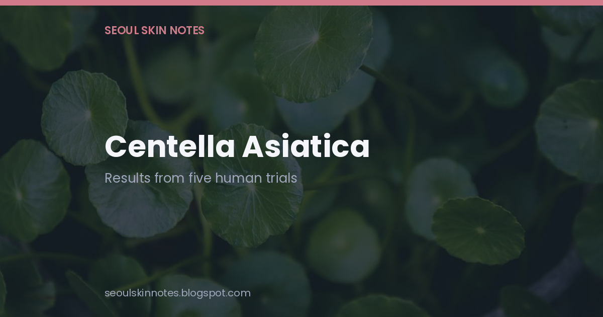 Title card reading Centella Asiatica, results from five human trials, over a darkened close-up of round centella leaves — background photo by Carlos Torres on Pexels