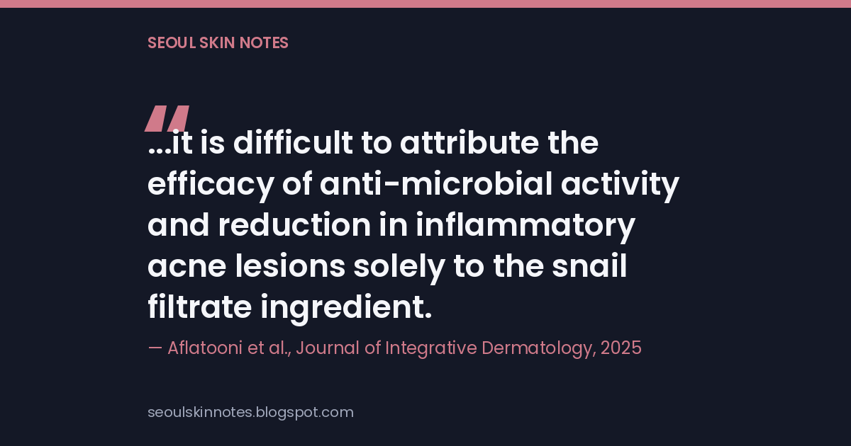Quote card reading, it is difficult to attribute the efficacy of anti-microbial activity and reduction in inflammatory acne lesions solely to the snail filtrate ingredient, attributed to Aflatooni et al, Journal of Integrative Dermatology 2025