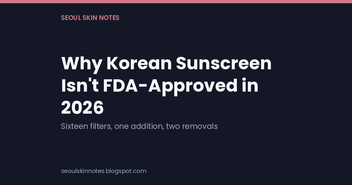 Title card reading Why Korean Sunscreen Isn't FDA-Approved in 2026, with the subtitle sixteen filters, one addition, two removals