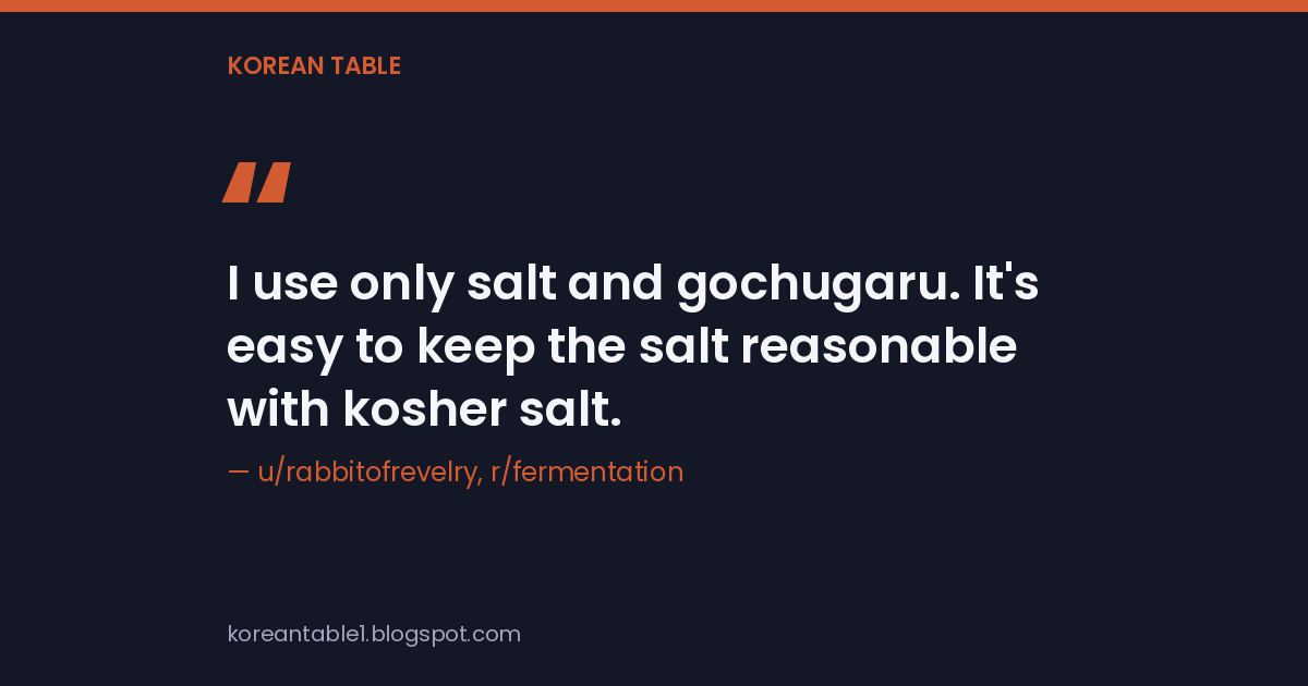 Quote card reading "I use only salt and gochugaru. It's easy to keep the salt reasonable with kosher salt," attributed to a r/fermentation reader
