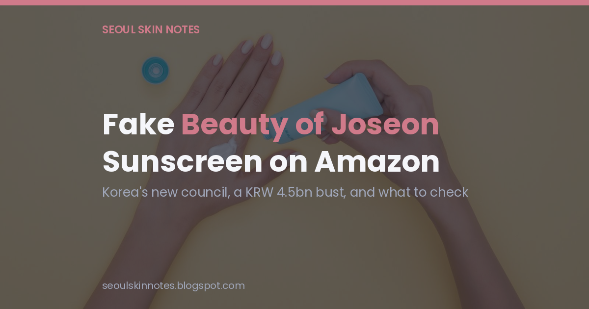 Opening card over a photo of hands applying sunscreen from a tube, titled Fake Beauty of Joseon Sunscreen on Amazon, with the subtitle Korea's new council, a KRW 4.5bn bust, and what to check