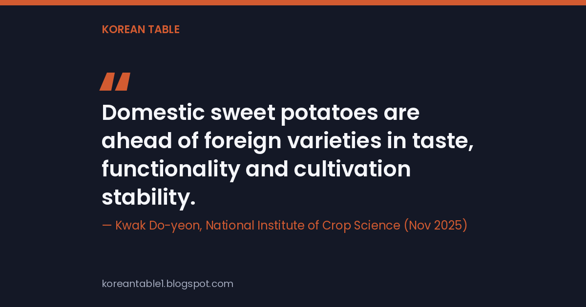 Quote card: Domestic sweet potatoes are ahead of foreign varieties in taste, functionality and cultivation stability, attributed to Kwak Do-yeon, National Institute of Crop Science, November 2025