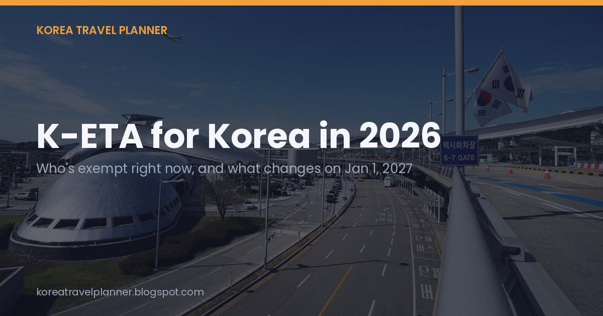 Title card reading K-ETA for Korea in 2026, over a photo of Incheon International Airport's terminal and taxi drop-off road