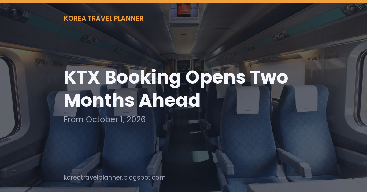 Title card reading "KTX Booking Opens Two Months Ahead" over a photo of an empty KTX cabin, with the subtitle "From October 1, 2026".