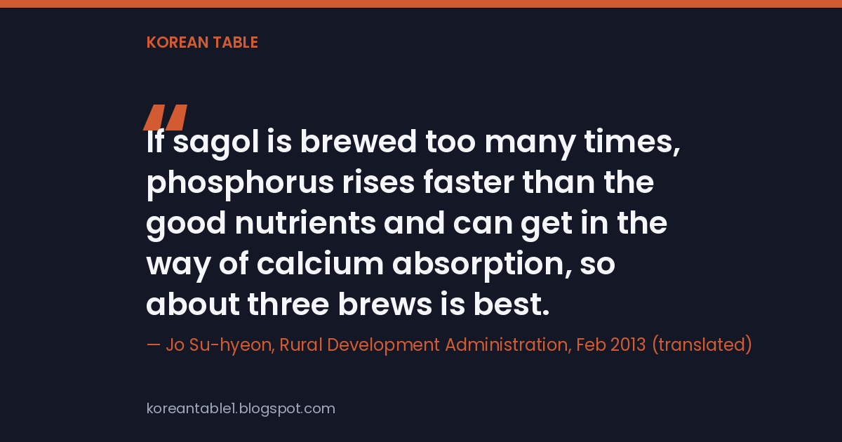 Quote card with a translated line from RDA researcher Jo Su-hyeon on brewing sagol bones about three times, because repeated brewing raises phosphorus and can hinder calcium absorption.
