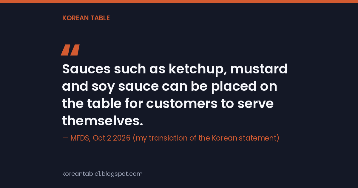 Quote card with the MFDS statement that sauces such as ketchup, mustard and soy sauce can be placed on the table for customers to serve themselves
